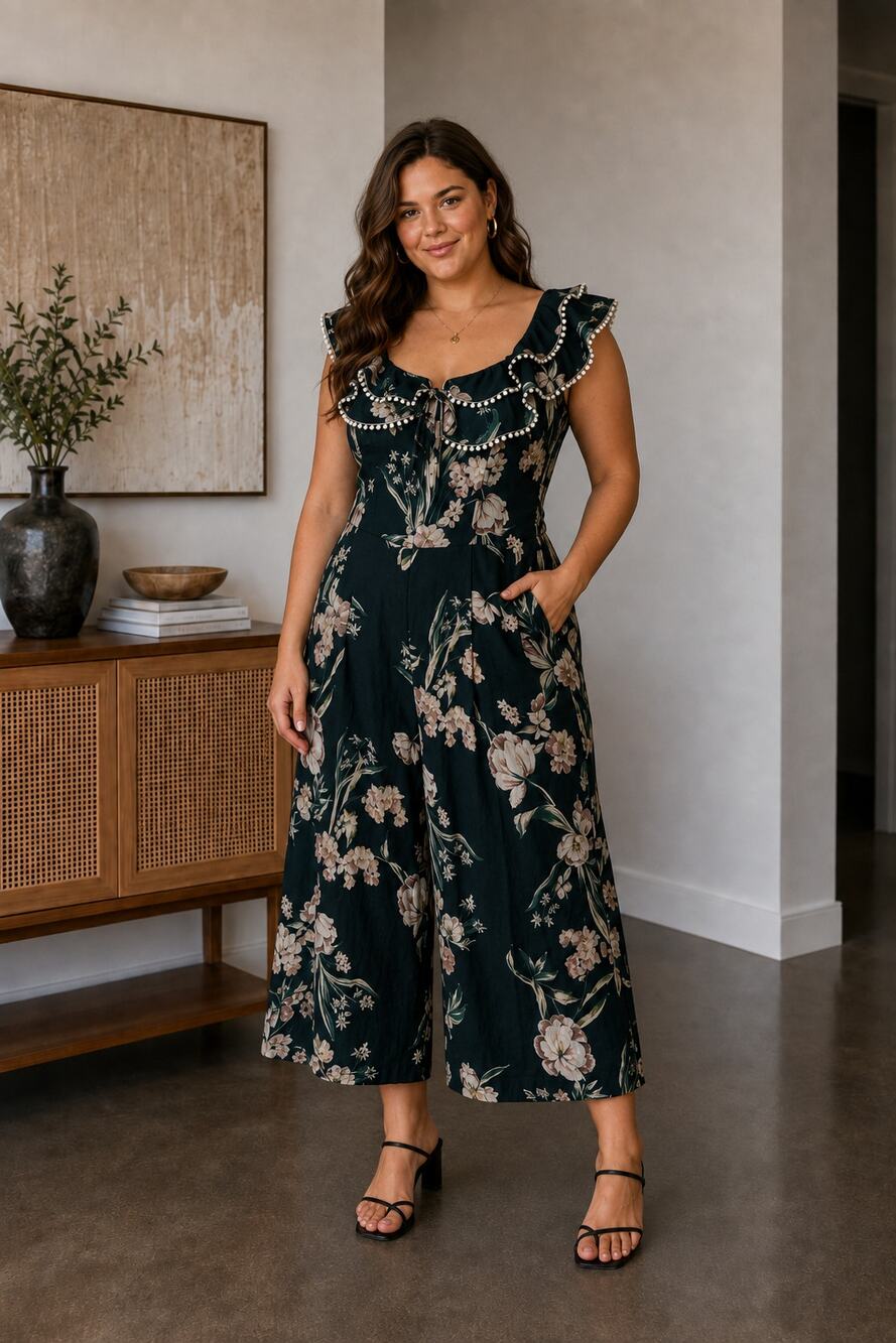 City Chic Forest Green Floral Ruffled Shoulder Jumpsuit Womens 16 Wide Leg Crop